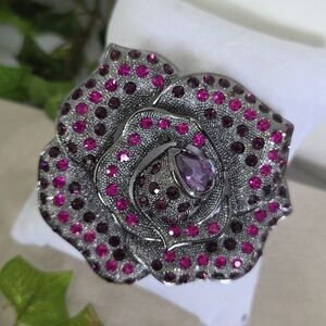 Vintage Oxidized Silver with Purple Rose Flower Brooch Pin